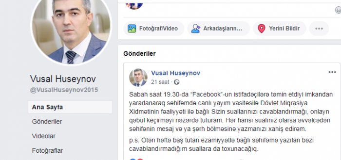 Azərbaycanda ilk dəfə: Xidmət rəisi facebookda canlı yayıma çıxacaq