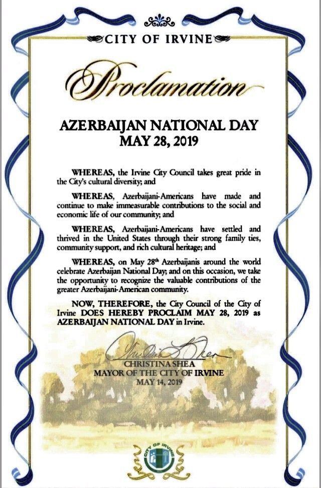 ABŞ-ın Örvayn şəhərində mayın 28-i “Azərbaycan Milli Günü” elan edilib