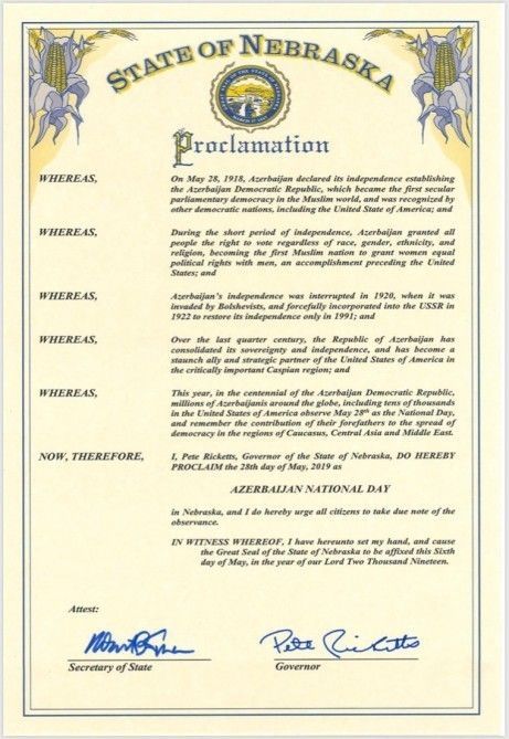 ABŞ-ın Nebraska ştatında mayın 28-i "Azərbaycan Milli Günü" elan olunub