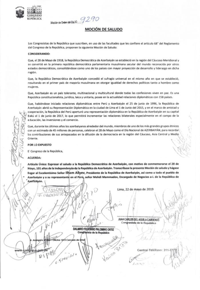 Peru Konqresində Azərbaycan Xalq Cümhuriyyətinin yaranmasının 101-ci ildönümü münasibətilə sənəd qəbul edilib