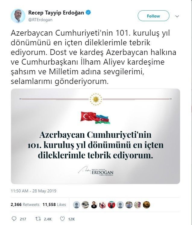 Ərdoğan Xalq Cümhuriyyətinin qurulmasının 101-ci ildönümü münasibətilə twitter hesabında təbrik yazıb