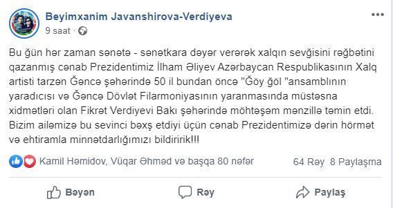 İlham Əliyev Xalq artistinə ev verdi