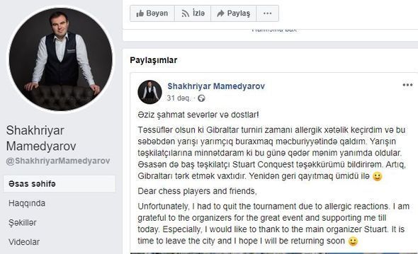 Şəhriyar Məmmədyarov: “Xəstəlik səbəbindən yarışı yarımçıq buraxmaq məcburiyyətində qaldım”